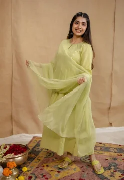Akshara Mulmul Cotton Lime Kurta Set (Set of 3)