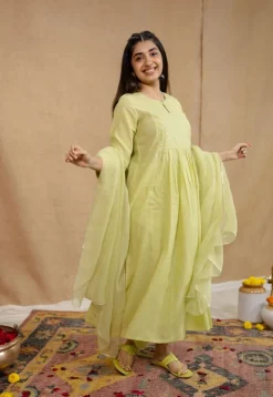 Akshara Mulmul Cotton Lime Kurta Set (Set of 3)