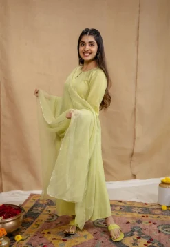 Akshara Mulmul Cotton Lime Kurta Set (Set of 3)