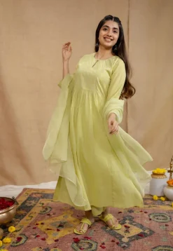 Akshara Mulmul Cotton Lime Kurta Set (Set of 3)