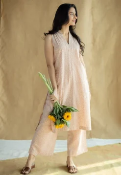 Alia Peach Hand Block Print Slub Cotton A Line Kurta