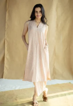 Alia Peach Hand Block Print Slub Cotton A Line Kurta