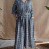 Alzira Grey Dabu Slub Cotton A Line Dress with Embroidery