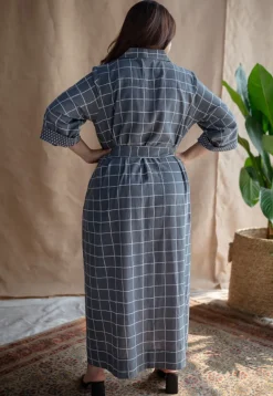 Alzira Grey Dabu Slub Cotton A Line Dress with Embroidery