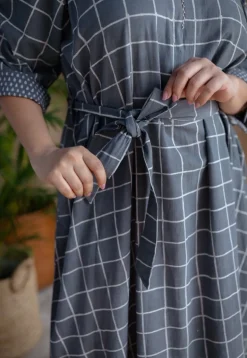 Alzira Grey Dabu Slub Cotton A Line Dress with Embroidery