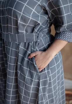 Alzira Grey Dabu Slub Cotton A Line Dress with Embroidery