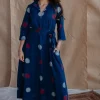 Alzira Navy Blue Dabu Slub Cotton A Line Dress with Embroidery