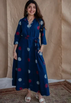 Alzira Navy Blue Dabu Slub Cotton A Line Dress with Embroidery