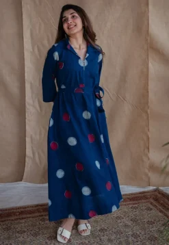 Alzira Navy Blue Dabu Slub Cotton A Line Dress with Embroidery