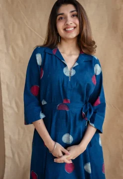 Alzira Navy Blue Dabu Slub Cotton A Line Dress with Embroidery