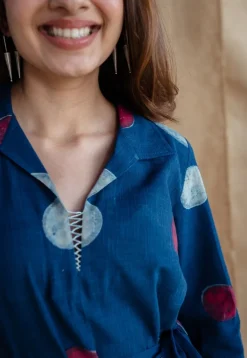 Alzira Navy Blue Dabu Slub Cotton A Line Dress with Embroidery