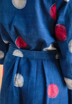 Alzira Navy Blue Dabu Slub Cotton A Line Dress with Embroidery