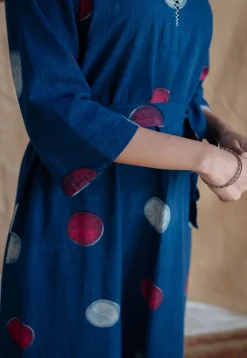Alzira Navy Blue Dabu Slub Cotton A Line Dress with Embroidery