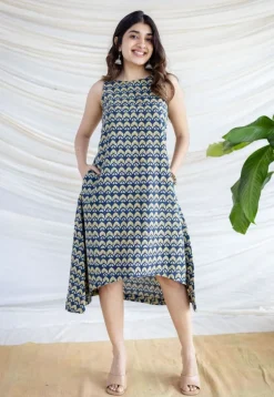 Amaja Blue Ajrakh Cotton A Line Dress