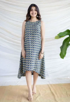 Amaja Blue Ajrakh Cotton A Line Dress