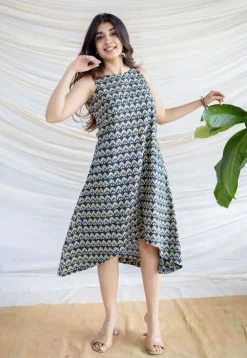 Amaja Blue Ajrakh Cotton A Line Dress