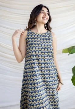 Amaja Blue Ajrakh Cotton A Line Dress