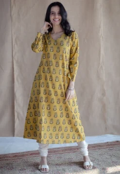 Anamika Mustard Ajrakh Cotton A Line Kurta