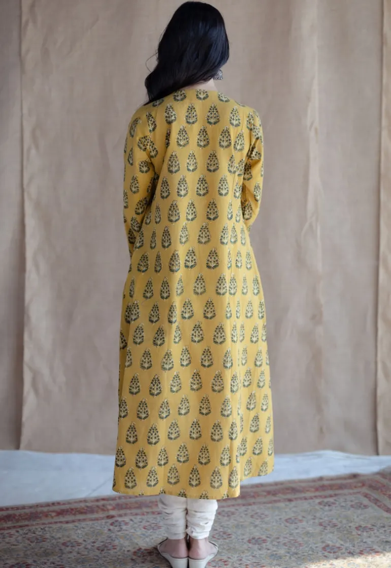 Anamika Mustard Ajrakh Cotton A Line Kurta
