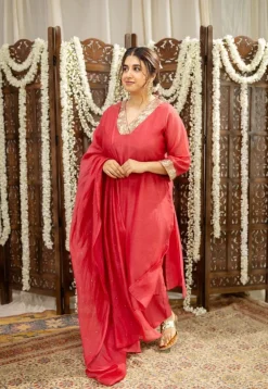 Anika Crimson Straight Chanderi Silk Gota Patti Kurta Set with Embroidery (Set of 3)