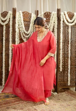 Anika Crimson Straight Chanderi Silk Gota Patti Kurta Set with Embroidery (Set of 3)