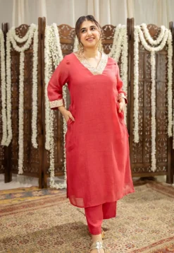 Anika Crimson Straight Chanderi Silk Gota Patti Kurta Set with Embroidery (Set of 3)