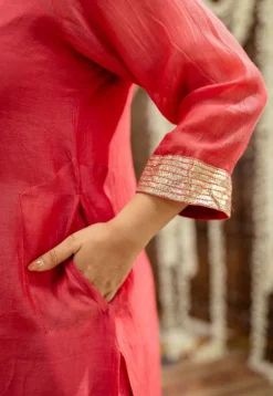 Anika Crimson Straight Chanderi Silk Gota Patti Kurta Set with Embroidery (Set of 3)