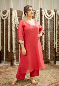 Anika Crimson Straight Chanderi Silk Gota Patti Kurta Set with Embroidery (Set of 3)