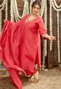 Anika Crimson Straight Chanderi Silk Gota Patti Kurta Set with Embroidery (Set of 3)
