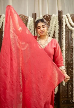 Anika Crimson Straight Chanderi Silk Gota Patti Kurta Set with Embroidery (Set of 3)