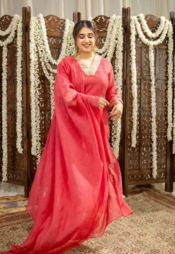 Anika Crimson Straight Chanderi Silk Gota Patti Kurta Set with Embroidery (Set of 3)