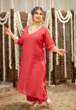 Anika Crimson Straight Chanderi Silk Gota Patti Kurta Set with Embroidery (Set of 3)