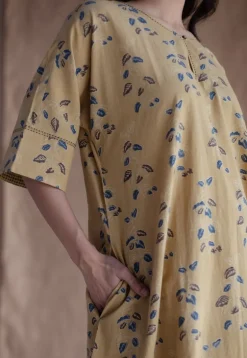 Anu Yellow Ajrakh Cotton A Line Kurta with Hand Embroidery