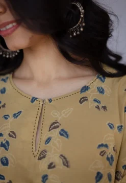 Anu Yellow Ajrakh Cotton A Line Kurta with Hand Embroidery