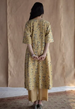 Anu Yellow Ajrakh Cotton A Line Kurta with Hand Embroidery