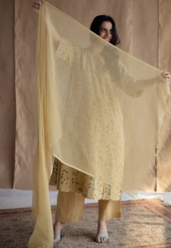 Anu Yellow Ajrakh Cotton A Line Kurta with Hand Embroidery