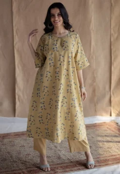 Anu Yellow Ajrakh Cotton A Line Kurta with Hand Embroidery