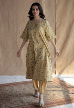 Anu Yellow Ajrakh Cotton A Line Kurta with Hand Embroidery