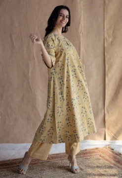 Anu Yellow Ajrakh Cotton A Line Kurta with Hand Embroidery