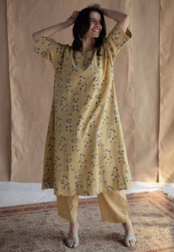 Anu Yellow Ajrakh Cotton A Line Kurta with Hand Embroidery