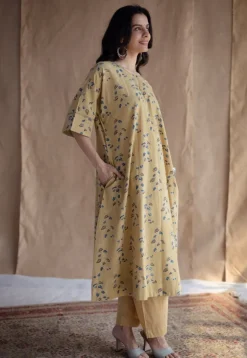 Anu Yellow Ajrakh Cotton A Line Kurta with Hand Embroidery