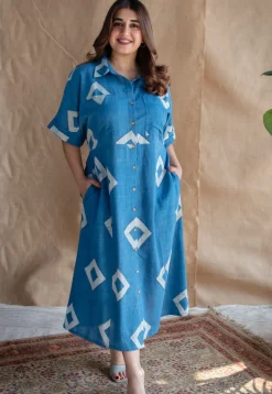 Arham Blue A Line Dabu Slub Cotton Dress