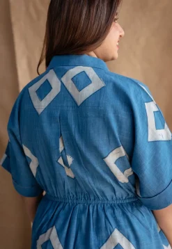 Arham Blue A Line Dabu Slub Cotton Dress