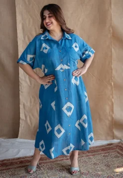 Arham Blue A Line Dabu Slub Cotton Dress