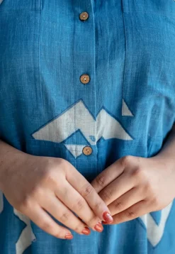 Arham Blue A Line Dabu Slub Cotton Dress