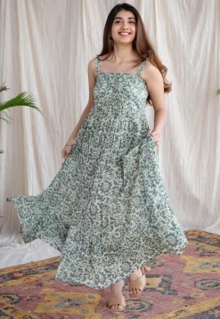 Ashvi Green Batik MulMul Cotton A Line Dress
