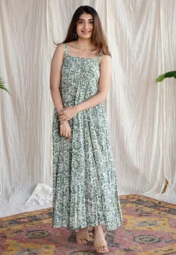 Ashvi Green Batik MulMul Cotton A Line Dress