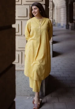 Asma Mustard Hand Block Print Slub Cotton A Line Kurta with Hand Embroidery