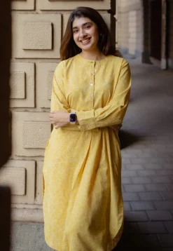 Asma Mustard Hand Block Print Slub Cotton A Line Kurta with Hand Embroidery
