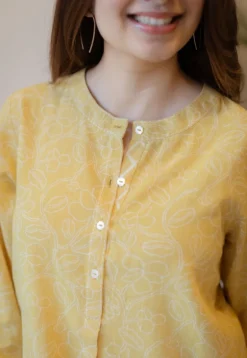 Asma Mustard Hand Block Print Slub Cotton A Line Kurta with Hand Embroidery